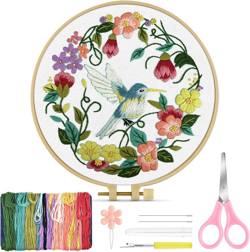 TINDTOP Embroidery Kit for Beginners Adult, Hummingbird Embroidery Kit for Beginners Include Embroidery Cloth Hoops Threads for Craft Lover Hand Stitch with Embroidery Skill Techniques - Image 1